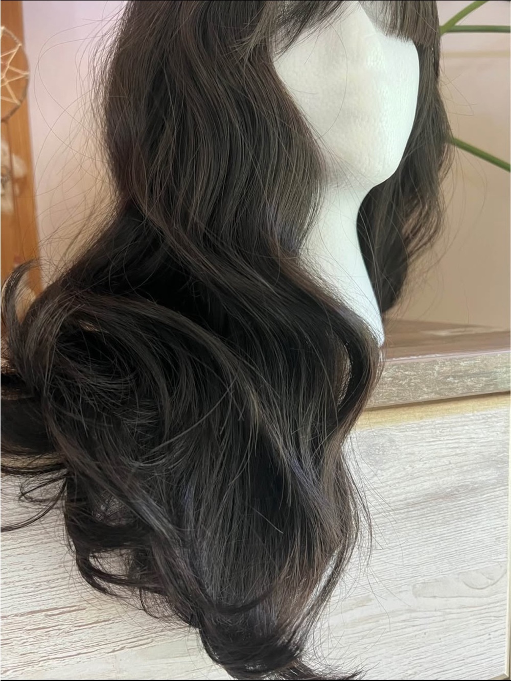 Natural Dark Brown Women's Wavy Wig with Bangs